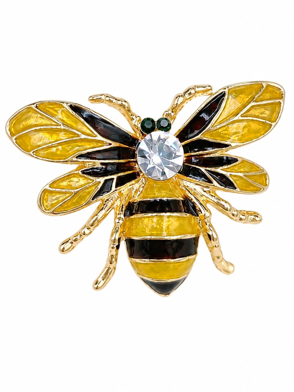 Gold Tone Yellow Enamel Bee Brooch with Crystal Bumble Bee Statement Pin